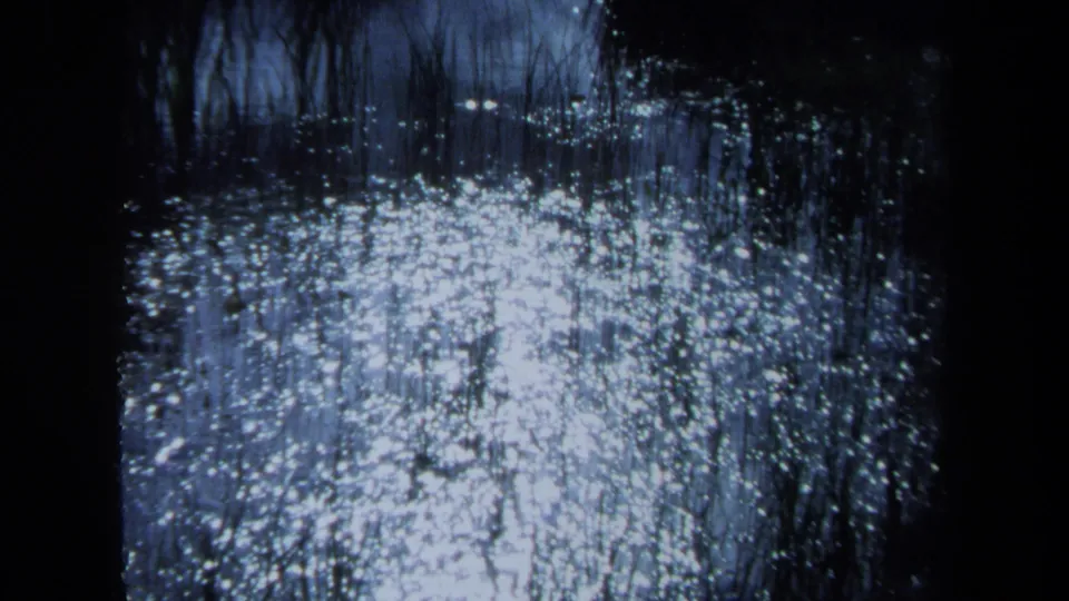 1971 Maine 8mm frame showing a darker water surface with clustered sun highlights and vertical tree reflections.