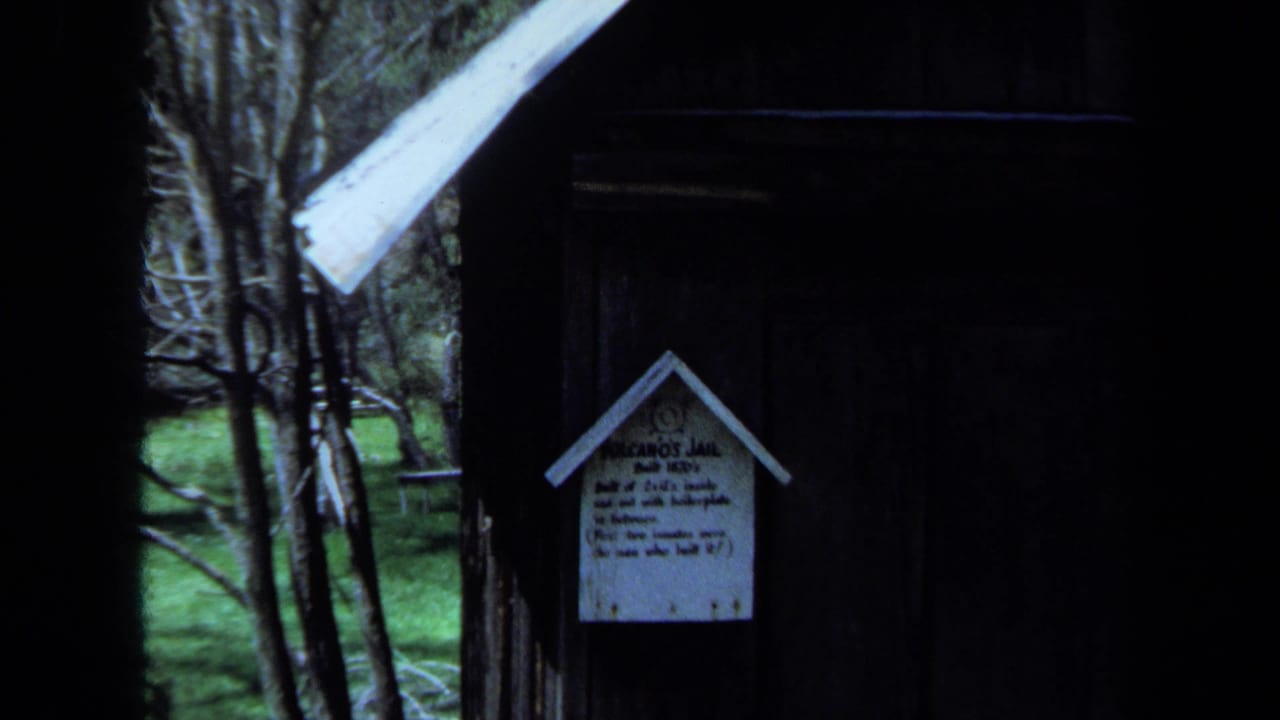 Dark wooden structure with a small house-shaped sign mounted beside trees and grass.