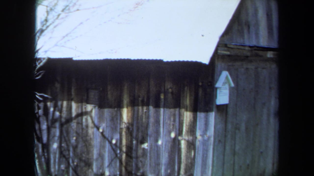 1971 Maine 8mm frame showing a weathered wooden cottage wall, corrugated roof edge, bare branches, and a small white birdhouse.