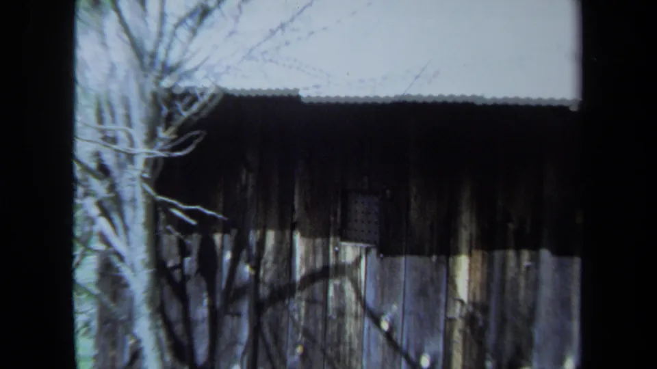 1971 Maine 8mm frame showing a partially obscured cottage wall through a window frame, with bare branches crossing the view.