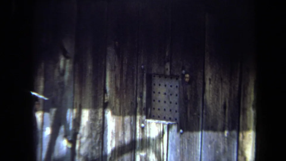 1971 Maine frame with weathered wood siding, a small square birdhouse or nesting box, branch shadows, and soft 8mm grain.
