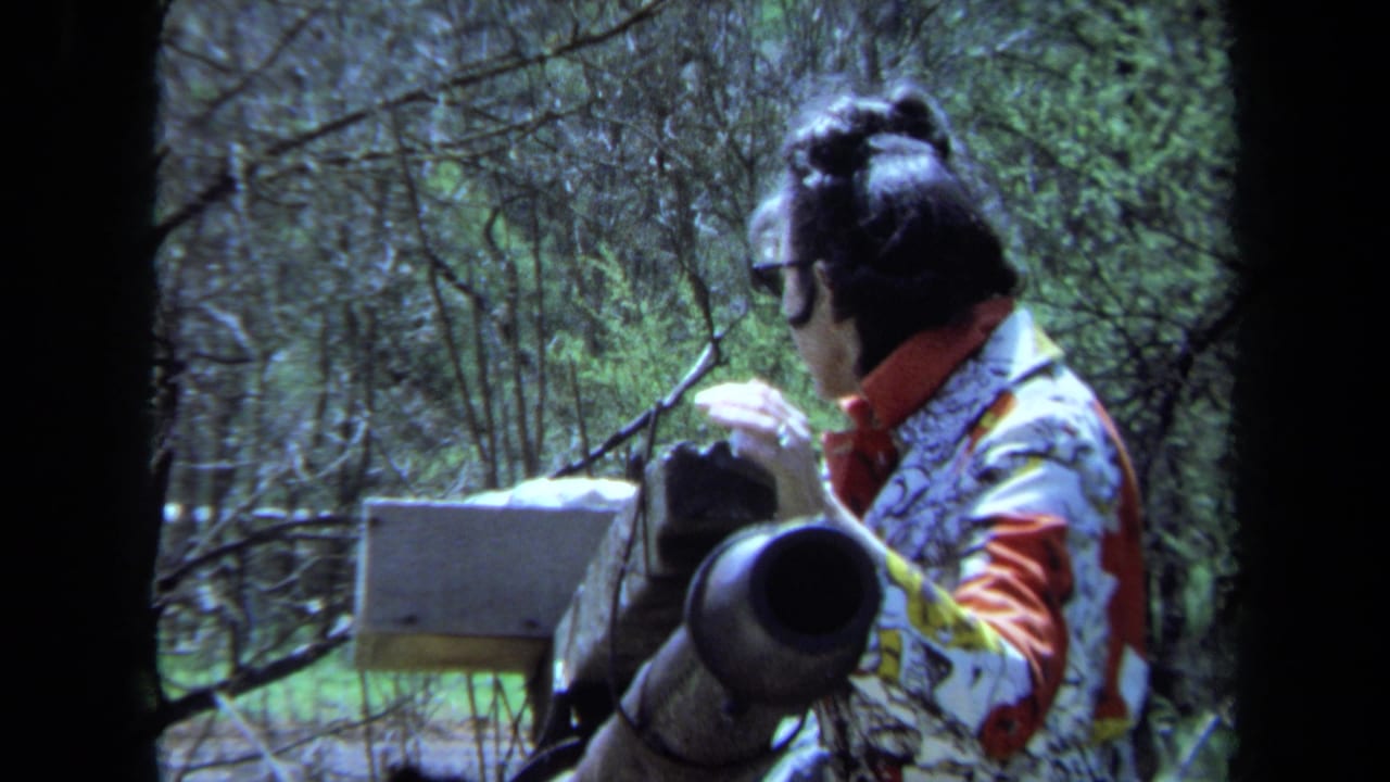 Woman adjusts or handles the rear of a large cannon outdoors.