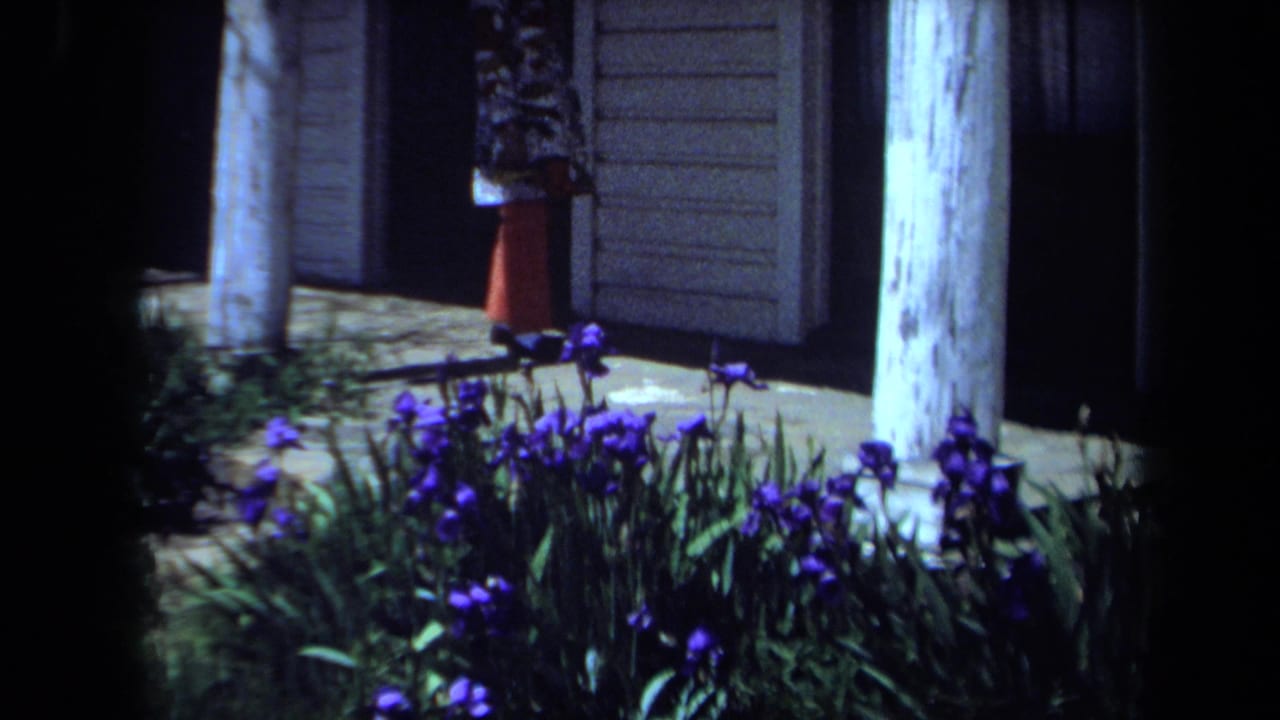 1971 Maine home-movie frame of a woman in a patterned coat and red skirt reaching near a porch mailbox by blue iris flowers.