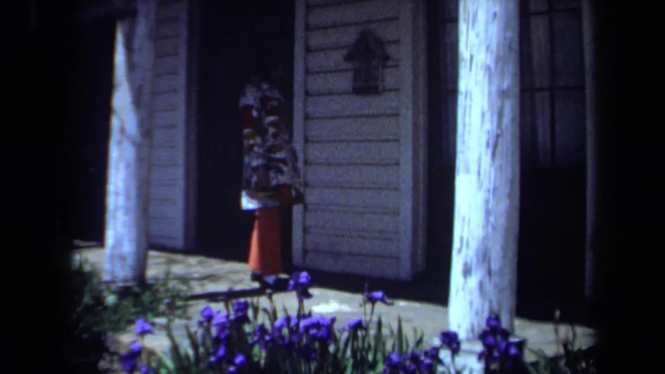 1971 Maine frame with the woman at a wall-mounted mailbox on a white-sided house, seen beyond blue iris flowers.