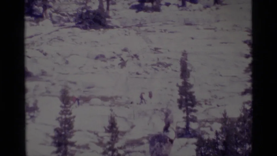 Distant hikers, including one in brighter clothing, move through the Minaret Wilderness landscape with tall pines in the foreground.