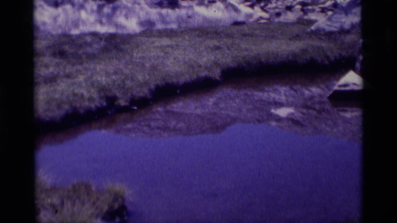 1975 8mm home-movie frame from Minaret Wilderness showing purple pond water, grassy bank, rocks, and a small triangular object near the edge.