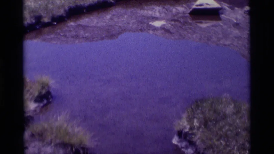 1975 Minaret Wilderness home-movie frame showing a purple pond surface with grass clumps, rocky edges, and a small object near shore.