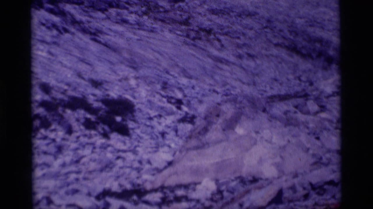 1975 8mm frame from Minaret Wilderness showing purple-blue rocky terrain in soft focus.