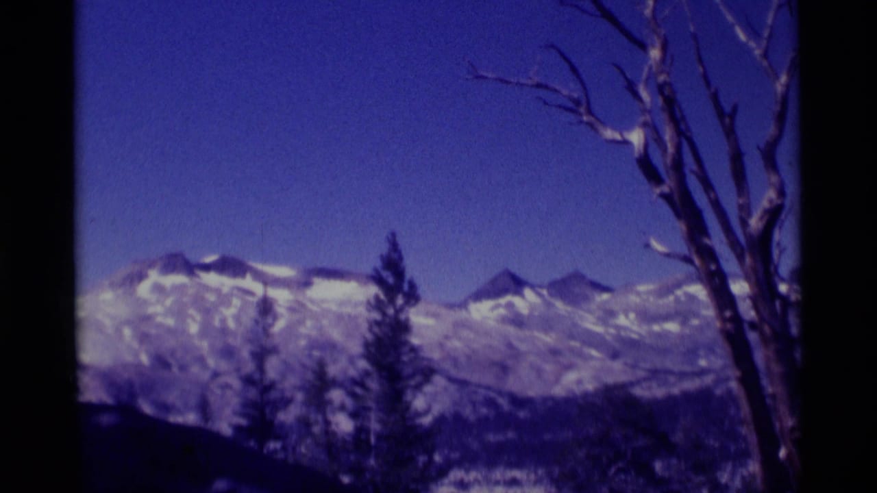 1975 8mm view of snow-covered mountains in Minaret Wilderness, California, framed by evergreens and a bare foreground tree.
