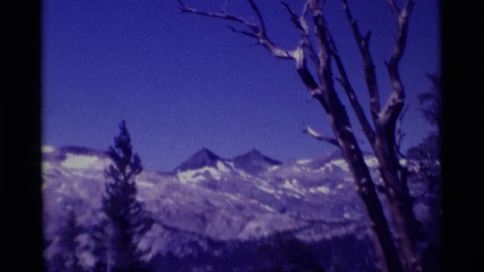 Vintage 1975 8mm frame of Minaret Wilderness snow-covered peaks seen past evergreens and a prominent bare tree trunk.