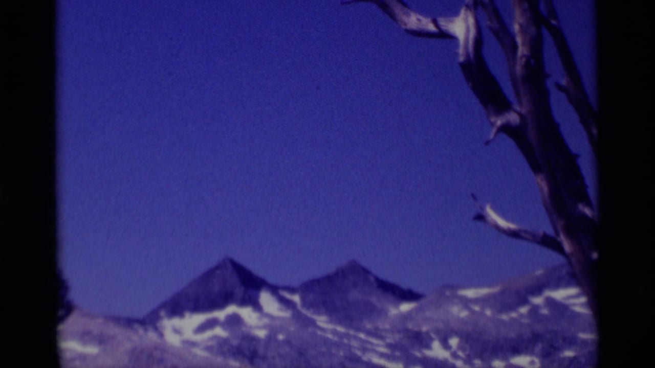1975 8mm view of snow-streaked peaks in Minaret Wilderness, with a bare tree limb crossing the foreground.