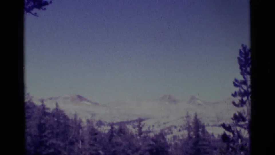 A Sierra Nevada mountain vista appears beyond conifers, with snow-covered ridges under a pale sky.