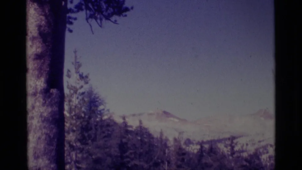 1975 8mm view of Minaret Wilderness mountains framed by pine trees, with pale sky and soft purple film color.