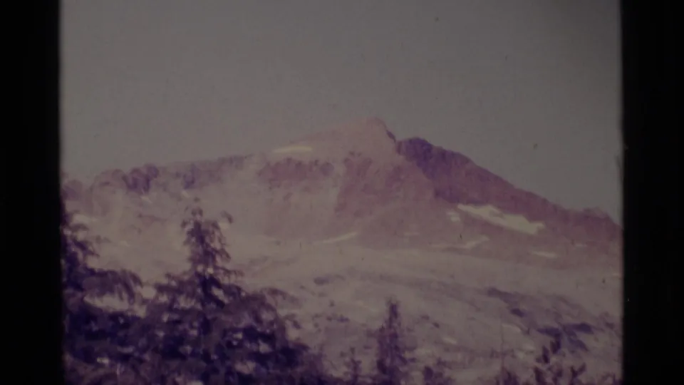 Soft 8mm mountain view in the Minaret Wilderness area, with pale snow or rock slopes partly obscured by foreground trees.