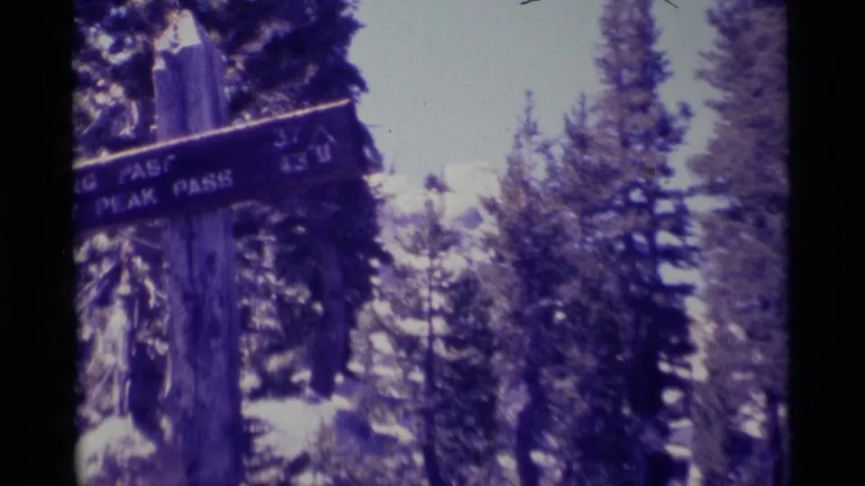 Wider 1975 8mm view in Minaret Wilderness with the sign partly cropped, pine trees, rocks, bright sky, and purple-tinted film color.