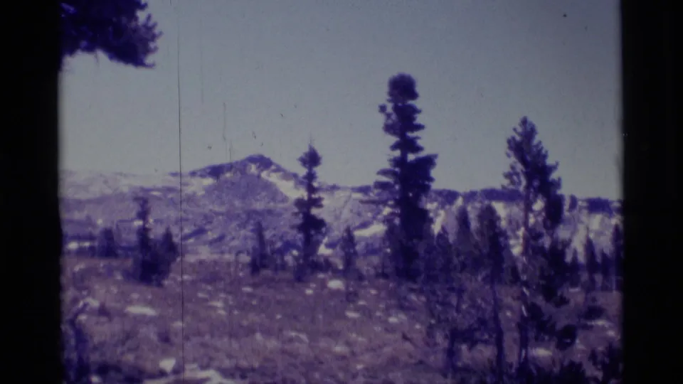 1975 8mm wilderness view with a distant peak, scattered pines, rocky ground, and snow on the ridgeline.