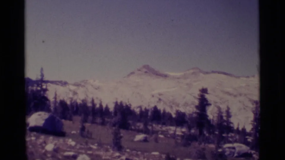Minaret Wilderness landscape on 8mm film with snowy peaks, pine trees, open meadow, and foreground boulders visible through a purple film cast.