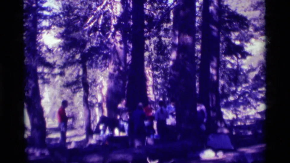 1975 8mm frame from Minaret Wilderness showing a loose group of adults standing in a shaded forest clearing with campsite items nearby.