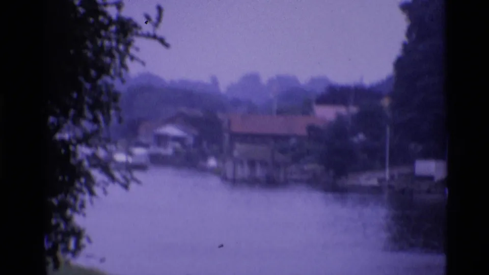 1969 London 8mm riverside frame with buildings, trees, overhanging foliage and calm water under a purple cast.