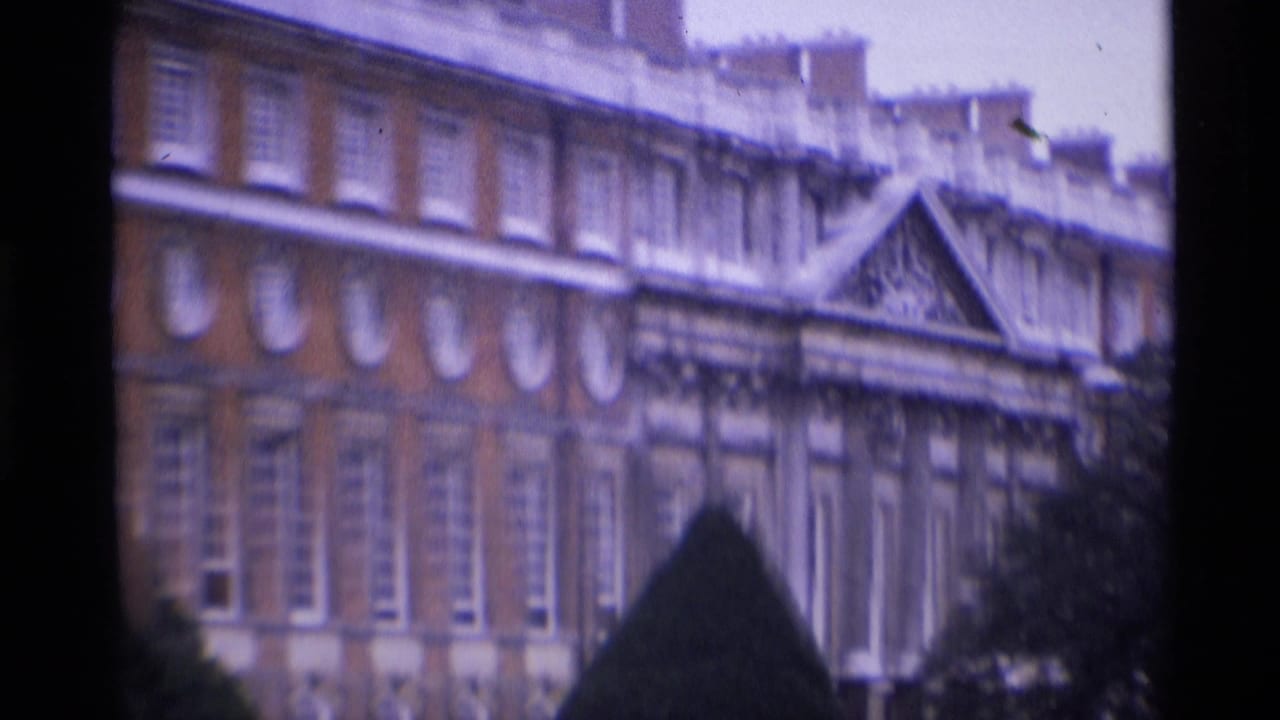 Closer view of the building facade with rows of windows, pale trim, and a dark hedge shape below.