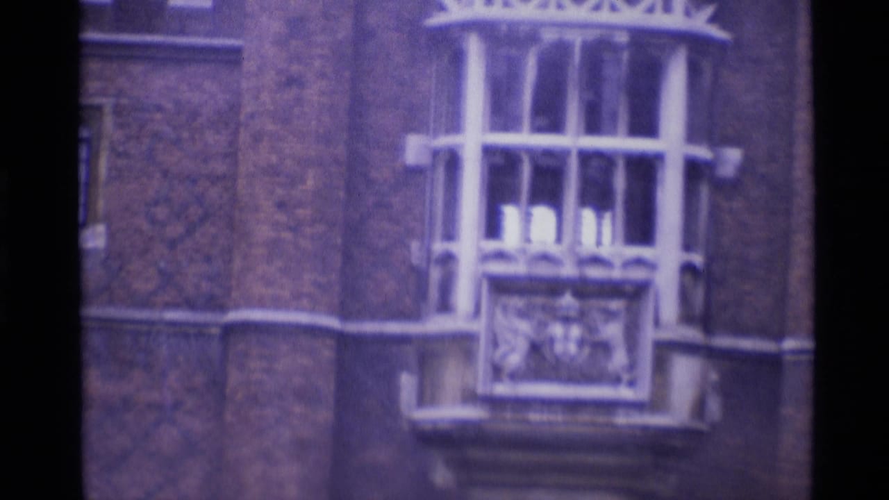 Close view of an ornate bay window and barred windows on a brown masonry facade.