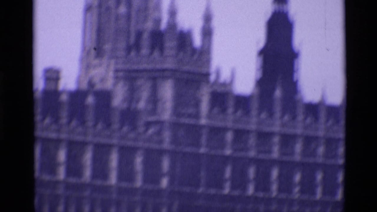 1969 London frame with a soft close view of Palace of Westminster architectural details and roofline.