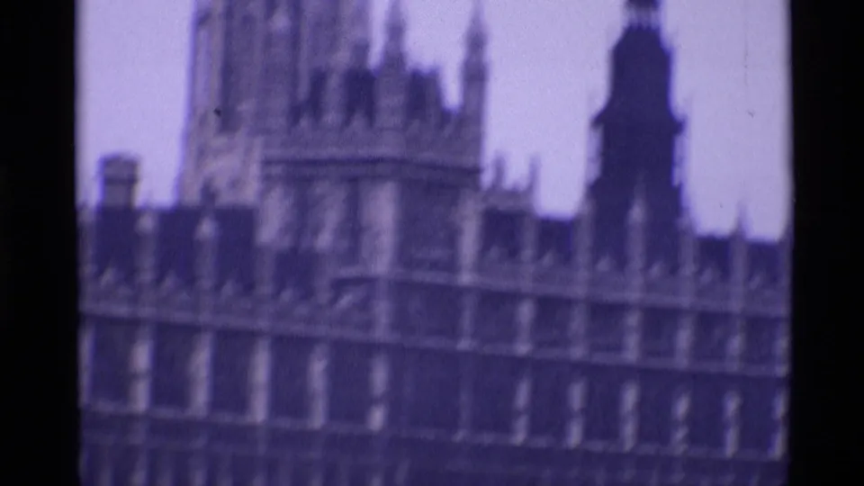1969 London frame with a soft close view of Palace of Westminster architectural details and roofline.