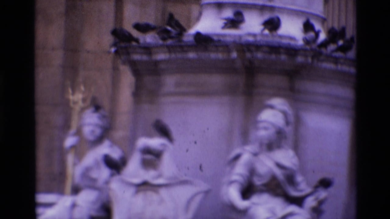 Close view of carved stone figures with pigeons on the ledge above.