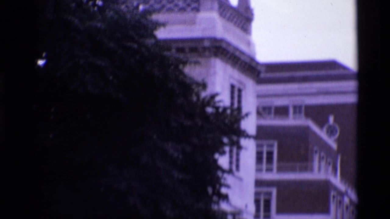 London exterior view with an ornate upper facade and nearby trees, captured in soft, faded 8mm color.