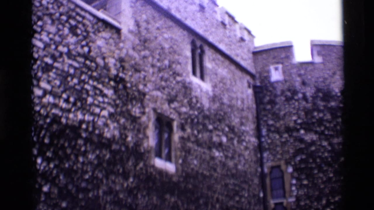 Rough stone tower walls with small windows and parapet edges.