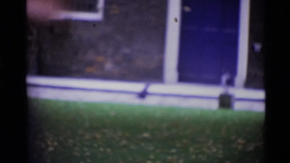 Late-1960s London home-movie frame of a blue residential door, grass, brick wall, and bird, with dark film-edge obstruction.