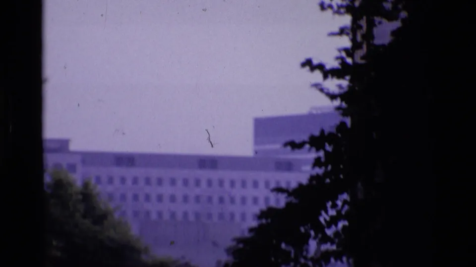1969 London 8mm frame with silhouetted trees, a pale building, and a bridge edge near the river.