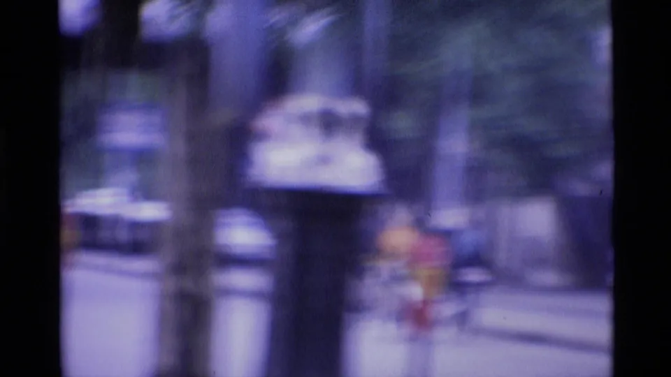 Soft, out-of-focus 8mm London street frame with trees, roadside posts, and a distant vehicle shape.