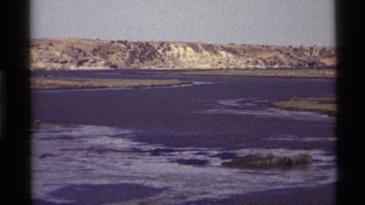 Wide view of lake water, low shoreline vegetation, and a bright hillside.