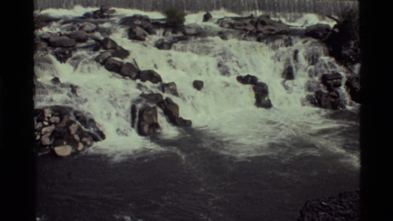 Wide view of white water rushing over rocks and into a dark stream.