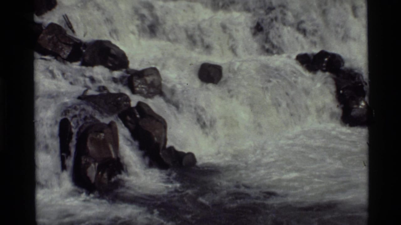 White water rushing over dark rocks in a narrow cascade.