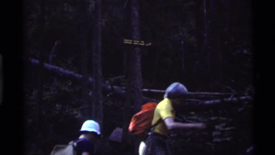 1972 Holland Lake home-movie frame showing hikers with backpacks moving through dim Montana forest terrain.