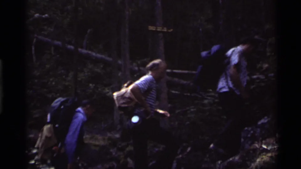 Hikers with backpacks move uphill through dark forest near Holland Lake, Montana, in 1972 home-movie footage.
