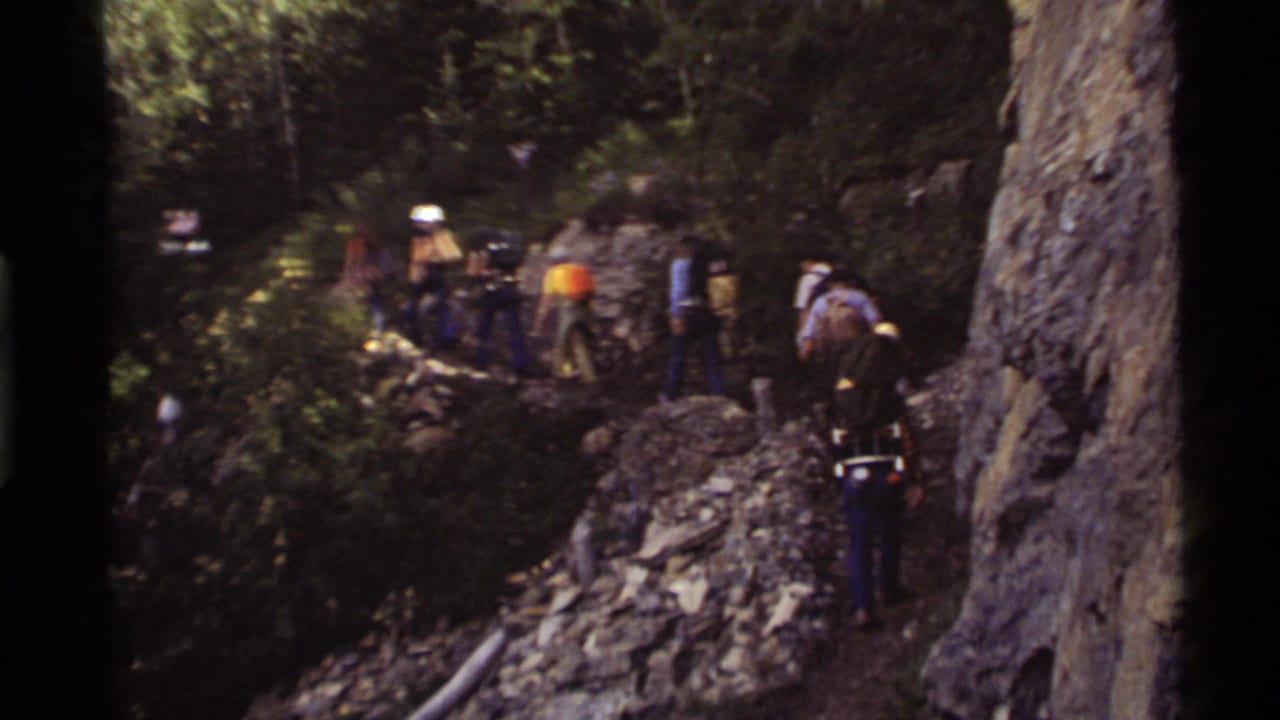 Several hikers continue along a narrow path bordered by rocks, trees, and forest brush.