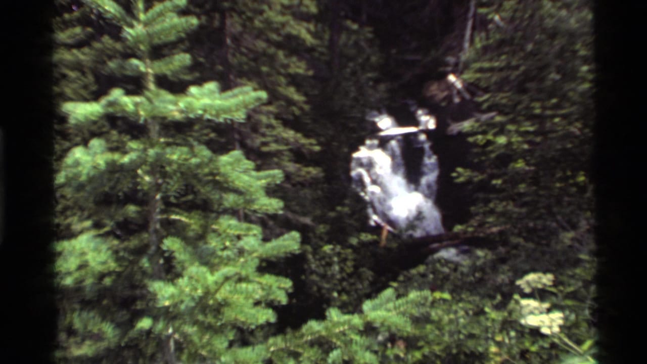 1972 Holland Lake footage shows a small waterfall framed by conifers and dark forest under soft 8mm exposure.