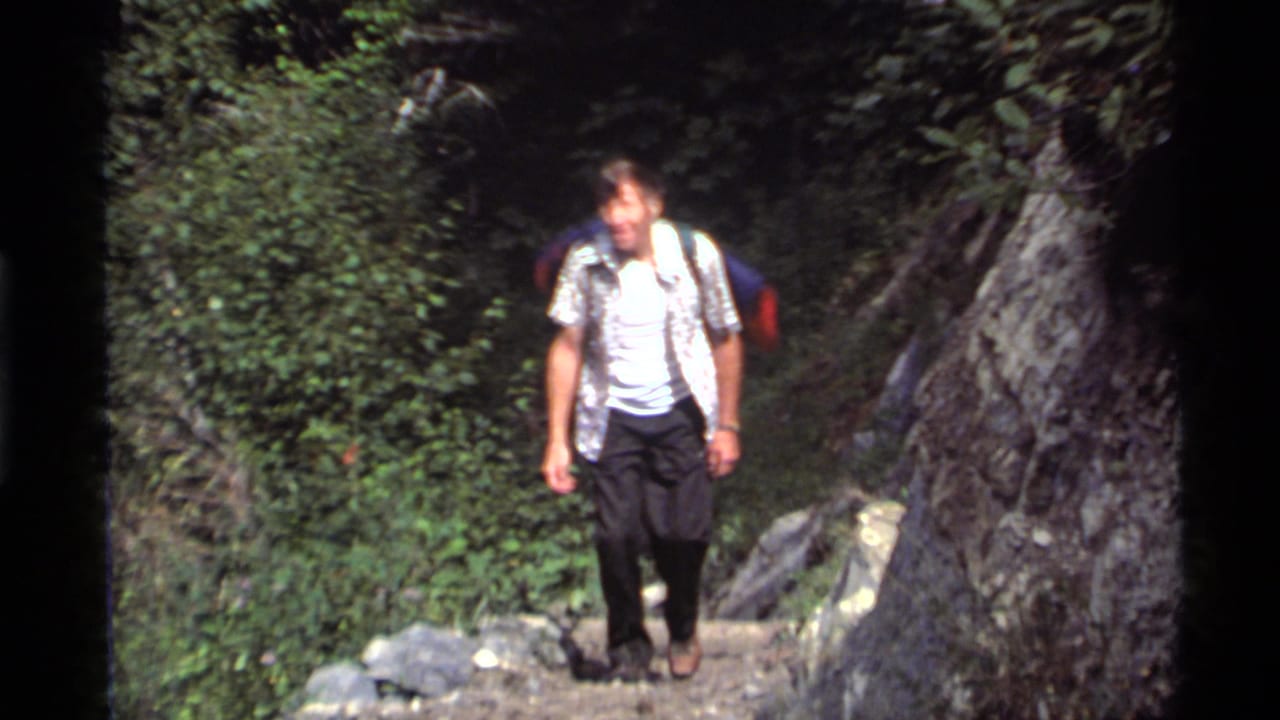 A backpacker in a white shirt and vest walks along a narrow forest path.