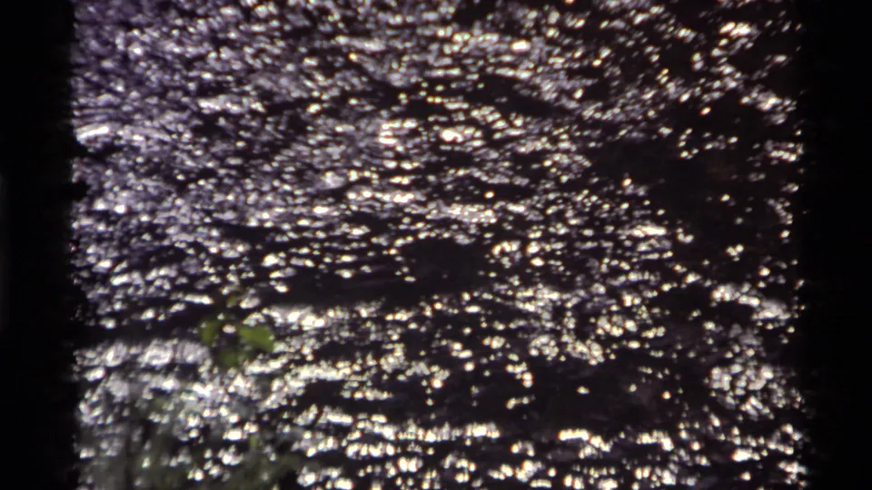 1972 Holland Lake home-movie frame showing sparkling water texture, shadowed frame edges, and low green plants near shore.