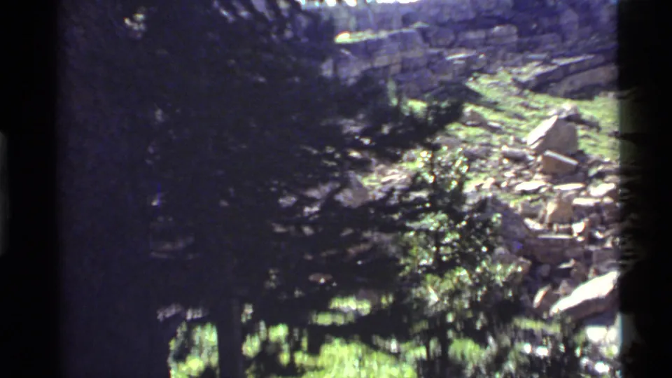 Final 8mm frame from the Holland Lake pan showing grass, rocks, debris, tree shadow, and a dark film-edge border.