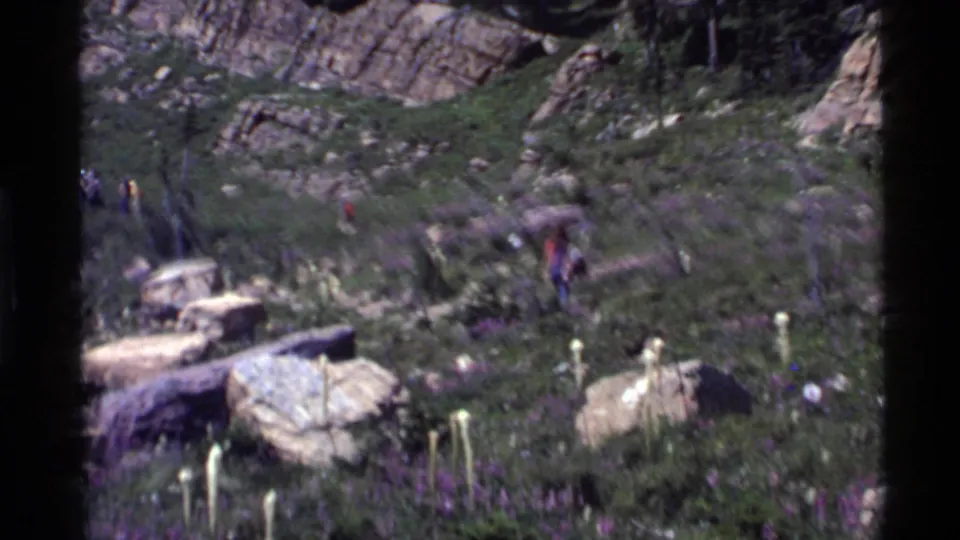 Distant hikers stand or walk among boulders and wildflowers on a rocky Holland Lake hillside in 1972 home-movie footage.