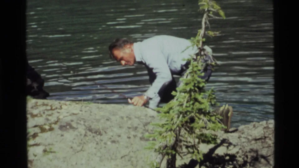 At Holland Lake, Montana in 1972, a man crouches near the waterline beside a small evergreen sapling on 8mm home-movie film.