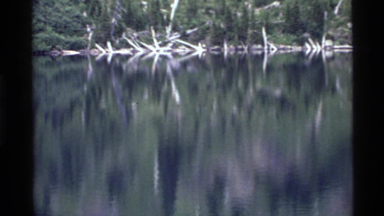 Holland Lake, Montana home-movie frame showing calm water, forest reflections, and pale shoreline branches in 1972 footage.