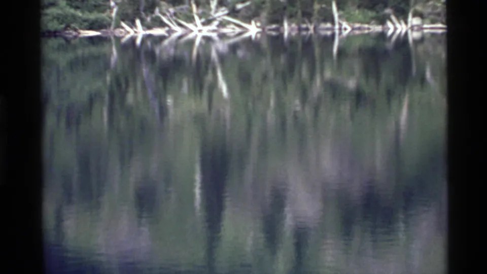 Vintage 8mm view at Holland Lake showing blurred forest reflections and a line of pale fallen branches on the far bank.