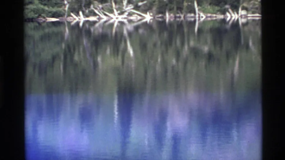 Holland Lake 1972 frame with blue-green water reflections, dark film edge, evergreen shore, and pale fallen timber.