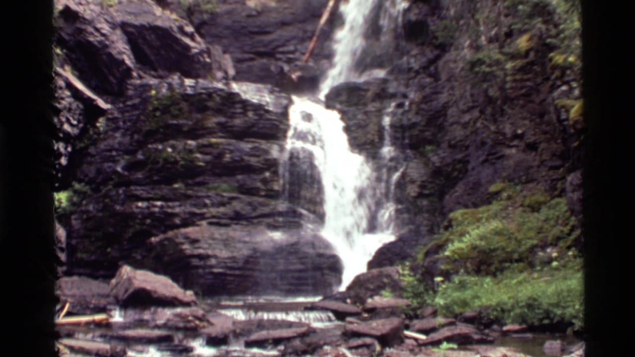 Small waterfall dropping over dark rocks in a forested mountain stream.