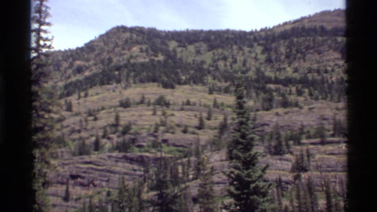 1972 Holland Lake, Montana home-movie frame showing a steep pine-dotted slope with rocky bands and dark film borders.